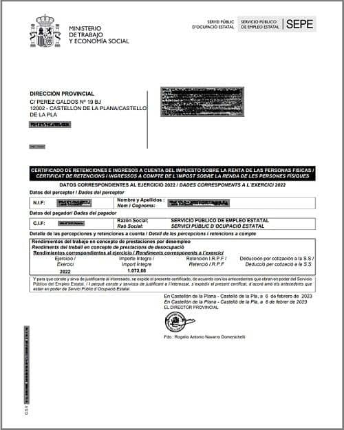 Certificado de irpf sepe