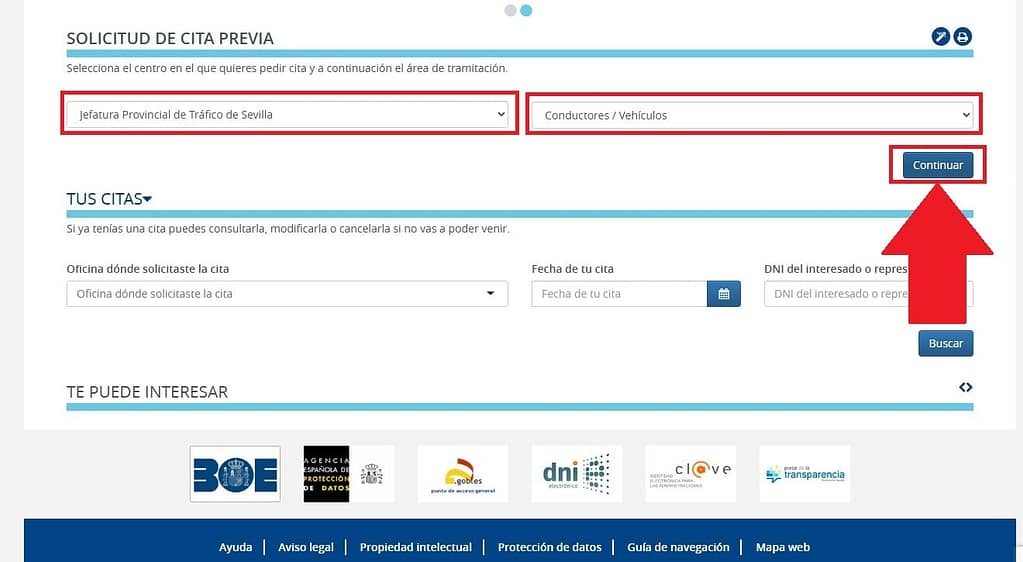 Cómo pedir cita en DGT Online 2 elije jefatura de tráfico, trámite y luego continuar