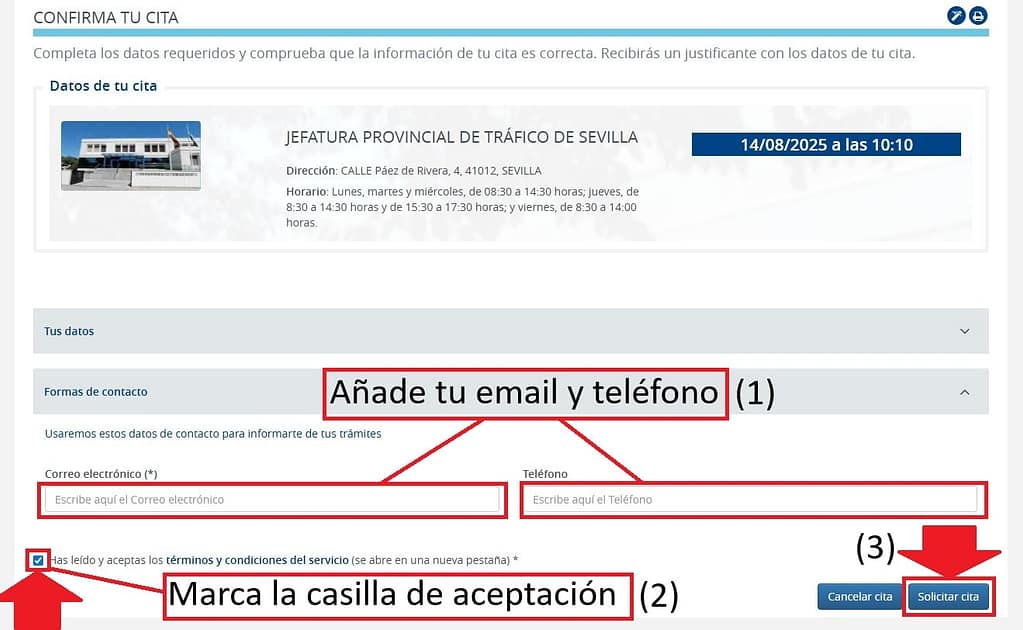 Cómo pedir cita en DGT Online 6 añade tu email y teléfono
