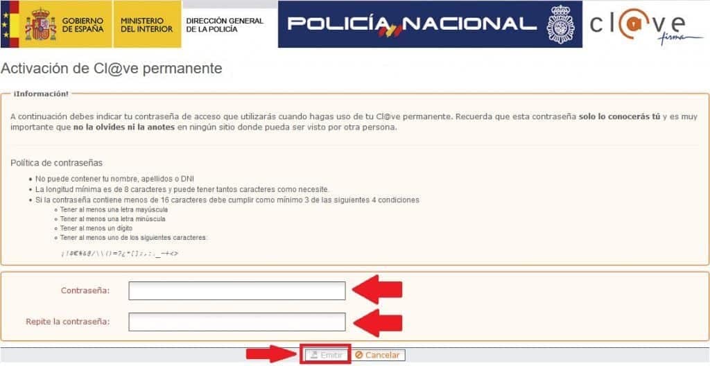 Registro en sistema Clave permanente 7 clave registro