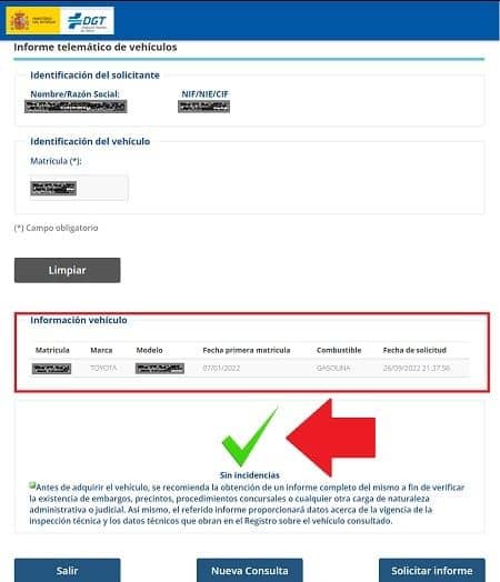 Informe reducido de un vehículo en dgt.es